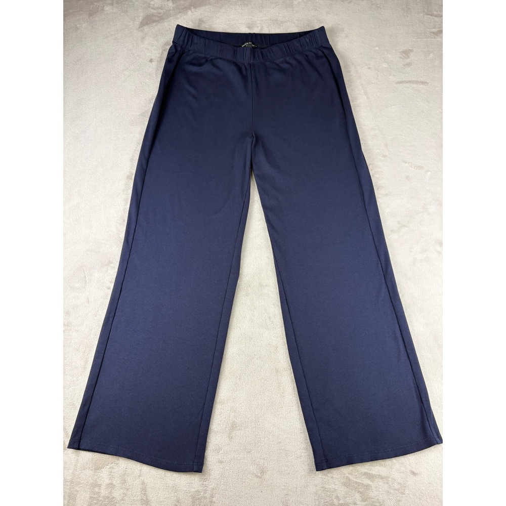 Eileen Fisher Navy Blue Ribbed Knit Wide Leg Pants Elastic Waist Small Peru